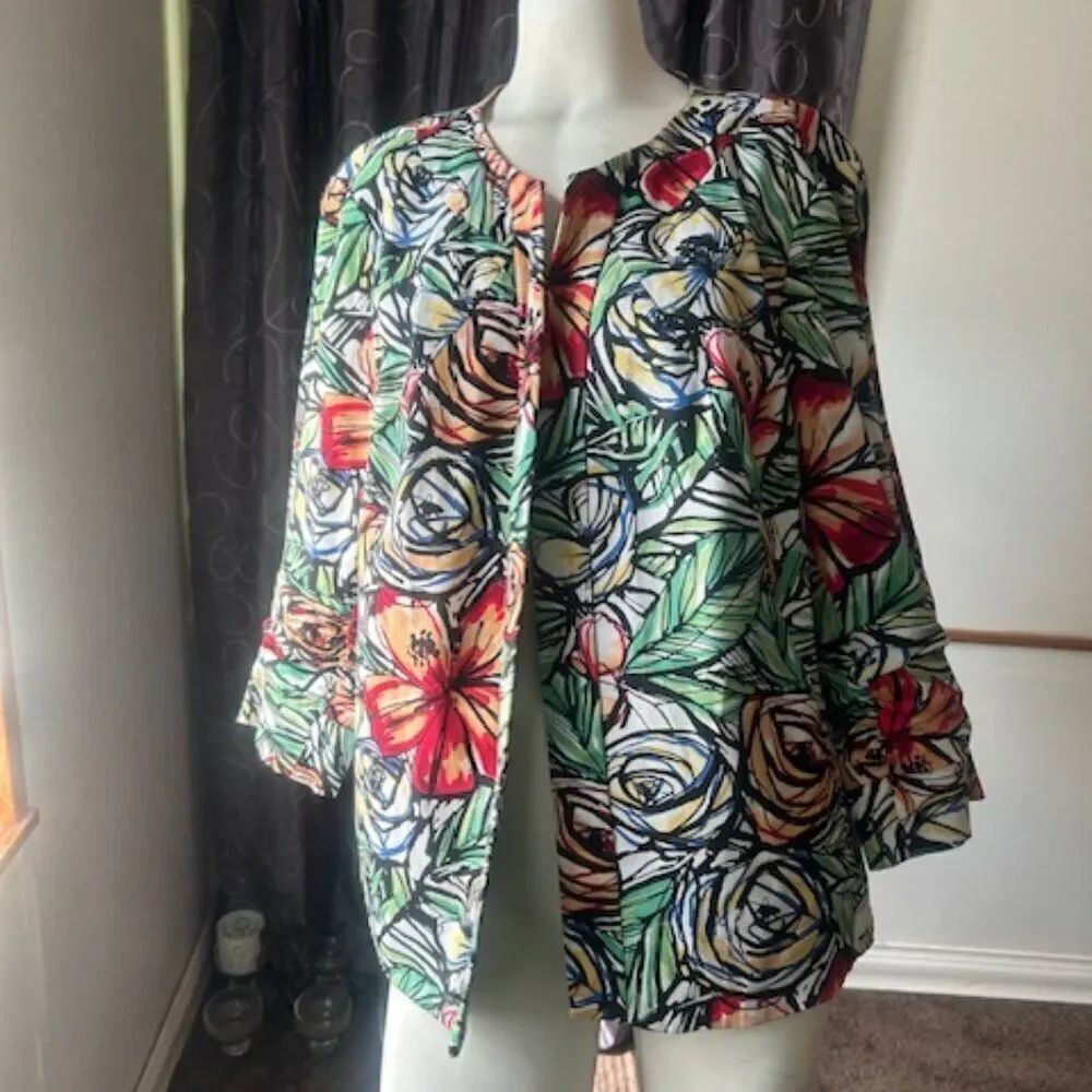 Coldwater Creek Multi-color Floral Ruch sleeves open blazer, size 20W